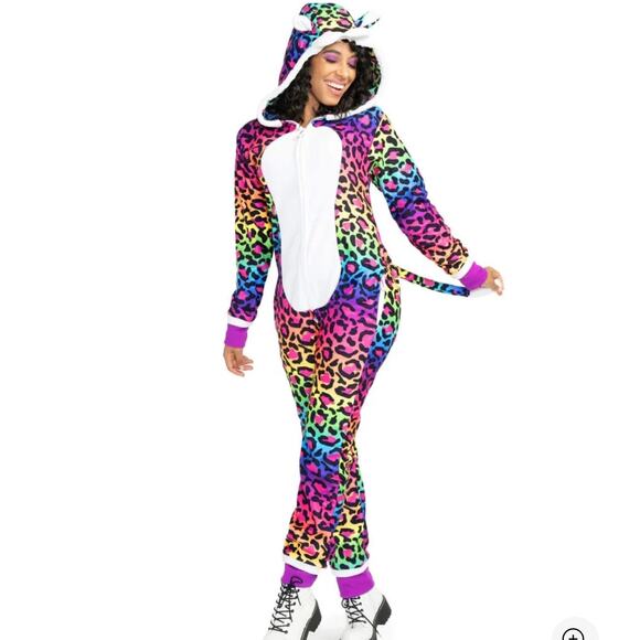 Women’s 90s Leopard Costume Size Med Lisa Frank Neon Fun Comfy Onesie - Picture 1 of 8